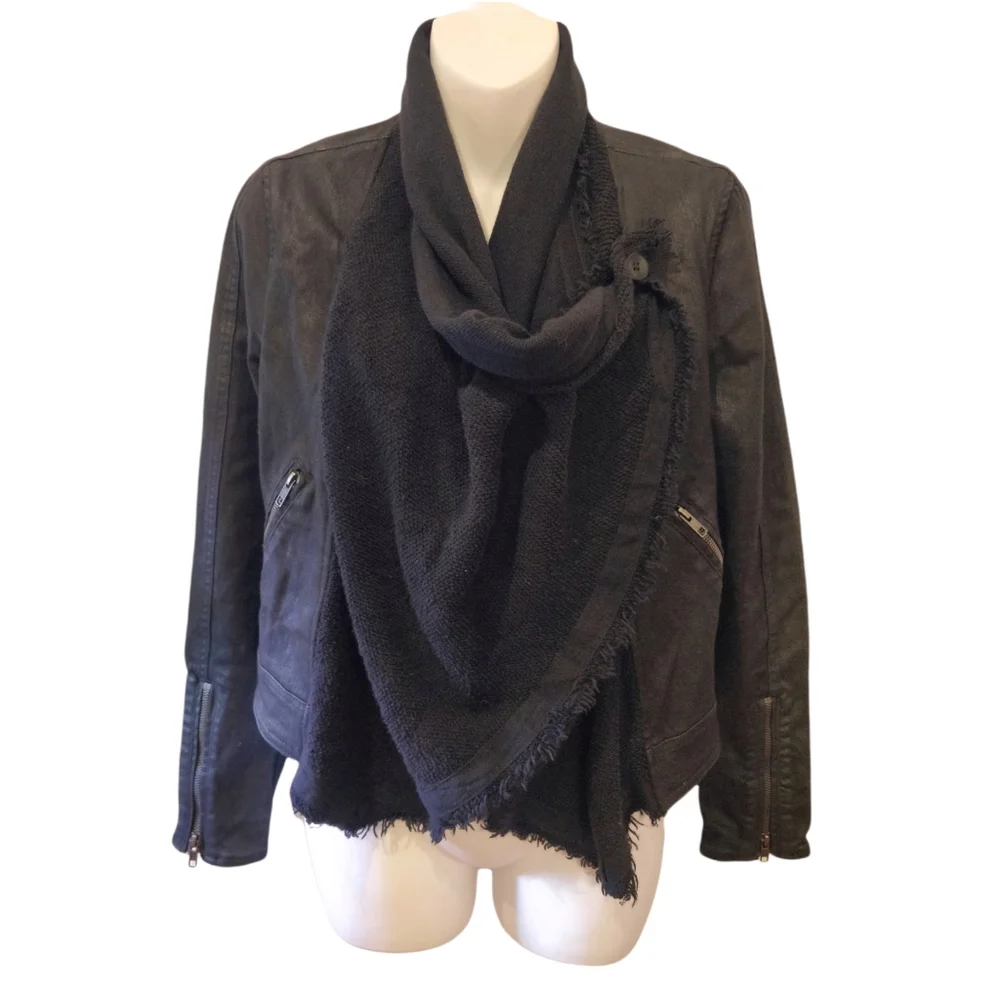 Free people black jacket coated denim front draped knit detail sz.0 - Picture 2 of 16